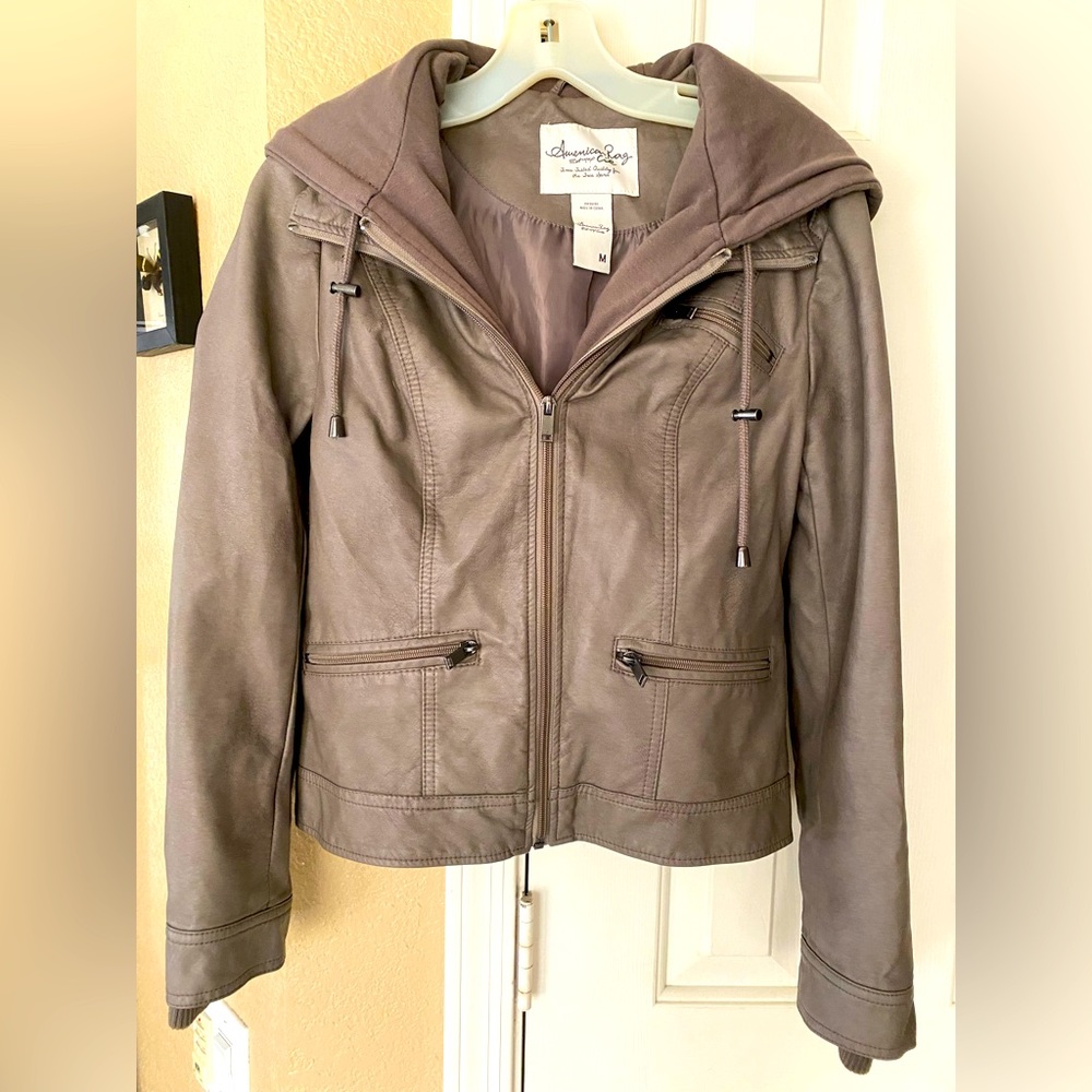Junior leather jacket, Medium but fits small. With hood.